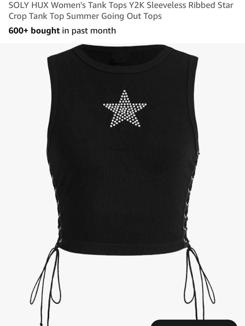 Huxbaby Black Ribbed Crop Tank with Crystal Star & Side Lace-Up